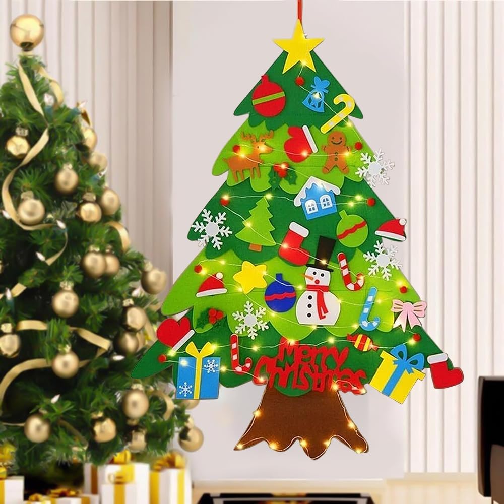 Brad de Craciun din Fetru cu Ornamente Detasabile si Instalatie LED pentru Copii