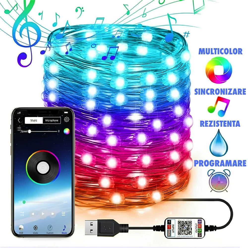 Instalatie de Craciun RGB cu Control Bluetooth prin Aplicatie 100 LED-uri 10m