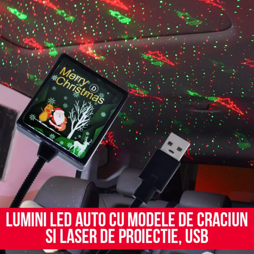 Lumini LED auto cu modele de Craciun si laser de proiectie, USB
