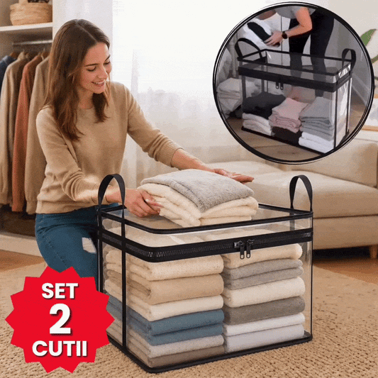 Set 2 Cutii Transparente de Depozitare cu Fermoar si Manere