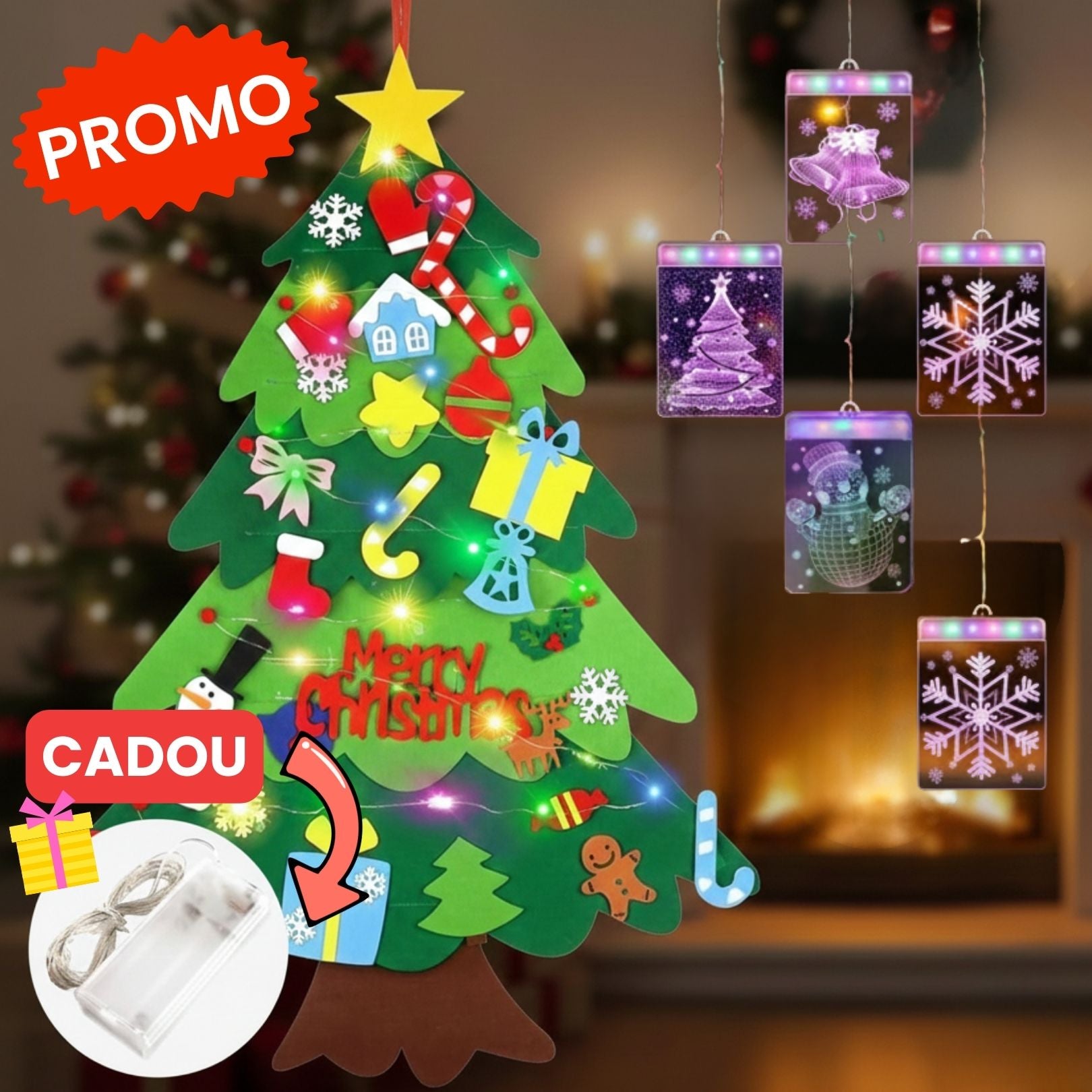 PROMO: Brad de Craciun din Fetru + Instalatie de Craciun tip Perdea cu Figurine